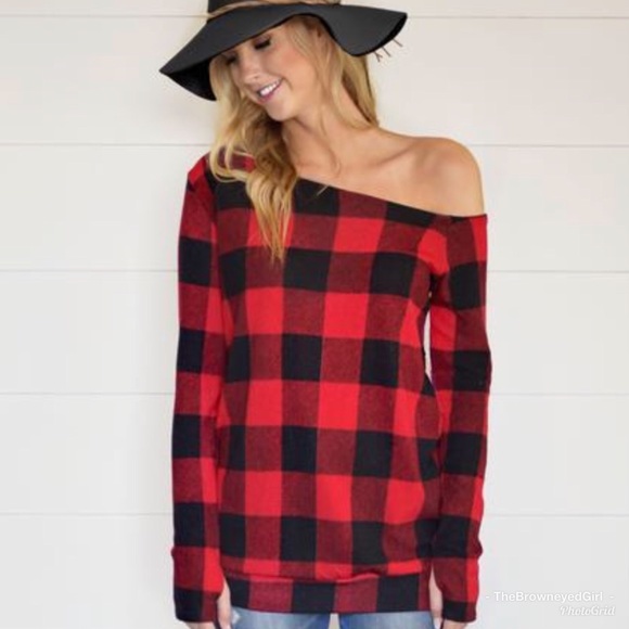 New Buffalo Plaid Sweater One Shoulder Thumb Holes - Picture 5 of 6